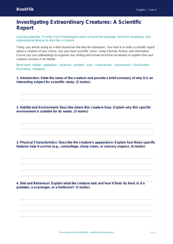 Free Report Writing Template | Class 4 | English | BookFlik worksheet preview — English Report Writing