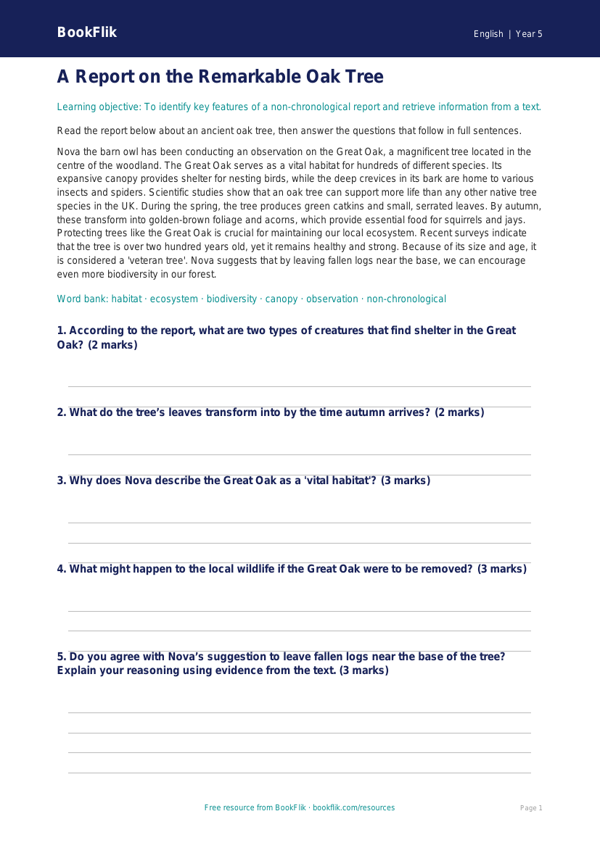 Free Report Writing Comprehension | Class 5 | English | BookFlik worksheet preview — English Report Writing