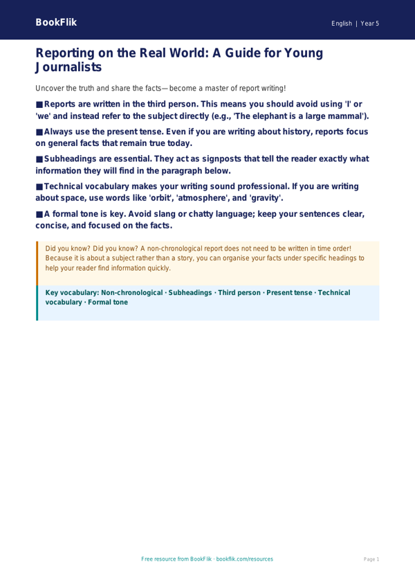 Free Report Writing Poster | Class 5 | English | BookFlik worksheet preview — English Report Writing