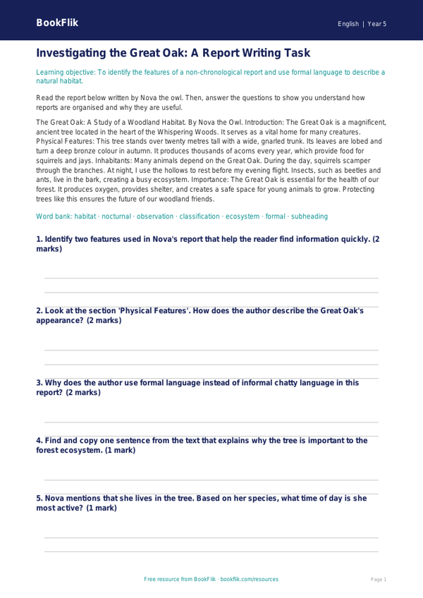 Free Report Writing Track Sheet | Class 5 | English | BookFlik worksheet preview — English Report Writing