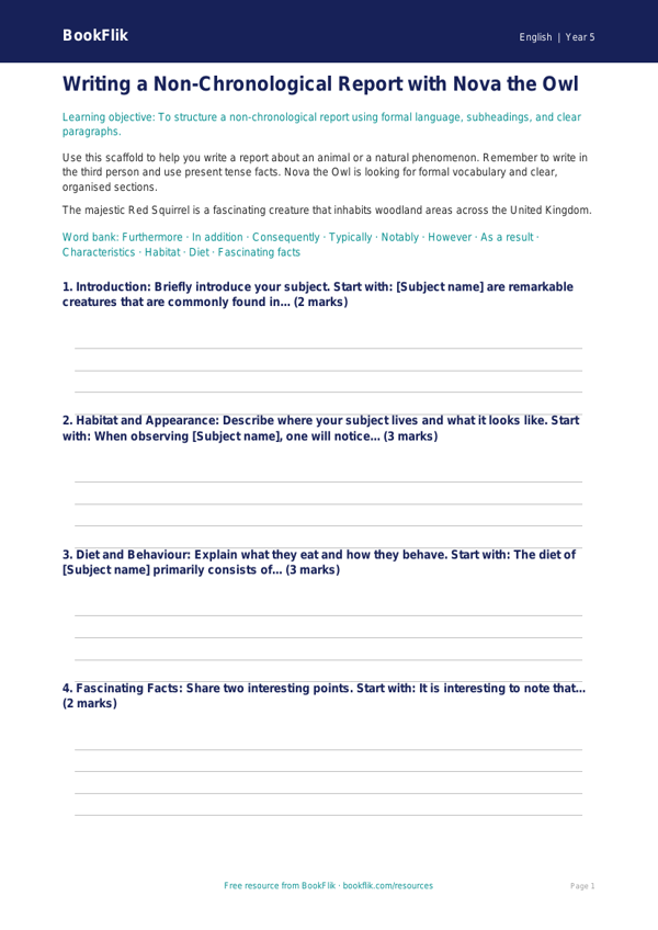 Free Report Writing Writing Frame | Class 5 | English | BookFlik worksheet preview — English Report Writing