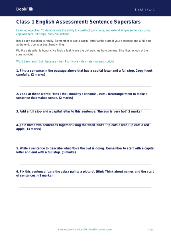 Free Sentence Structure Assessment | Class 1 | English | BookFlik worksheet preview — English Sentence Structure