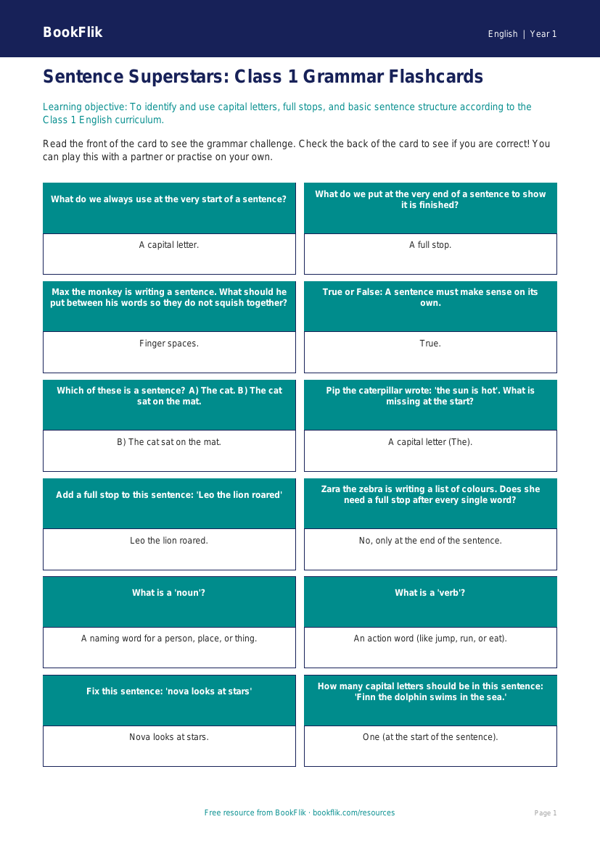 Free Sentence Structure Flashcards | Class 1 | English | BookFlik worksheet preview — English Sentence Structure