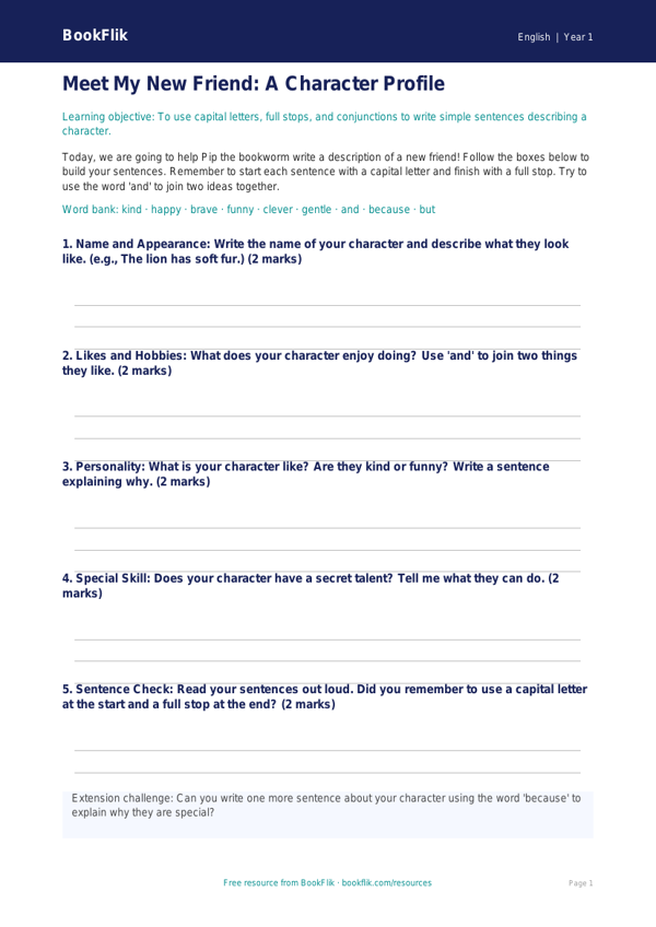 Free Sentence Structure Template | Class 1 | English | BookFlik worksheet preview — English Sentence Structure