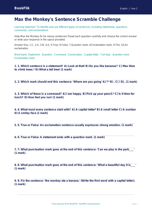 Free Sentence Structure Quiz | Class 2 | English | BookFlik worksheet preview — English Sentence Structure