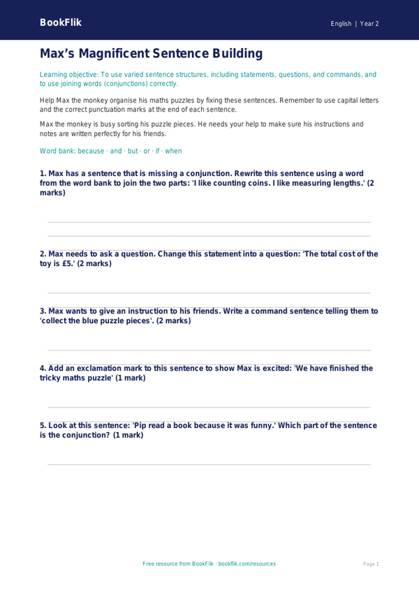 Free Sentence Structure Worksheet | Class 2 | English | BookFlik worksheet preview — English Sentence Structure