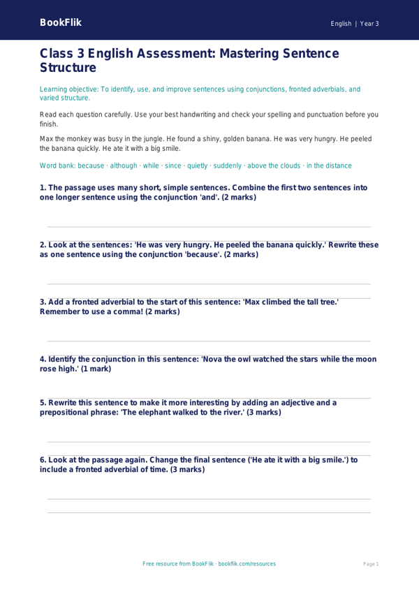 Free Sentence Structure Assessment | Class 3 | English | BookFlik worksheet preview — English Sentence Structure