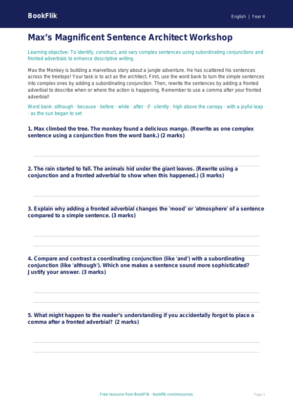 English sentence structure activity sheet class 4 greater depth worksheet preview — English Sentence Structure