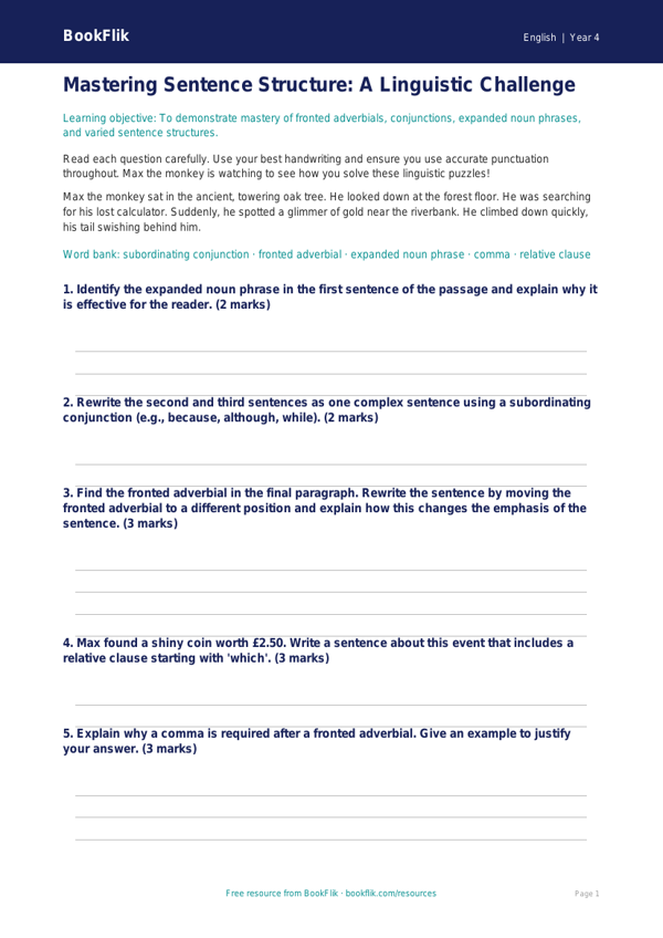 Free Sentence Structure Assessment | Class 4 | English | BookFlik worksheet preview — English Sentence Structure