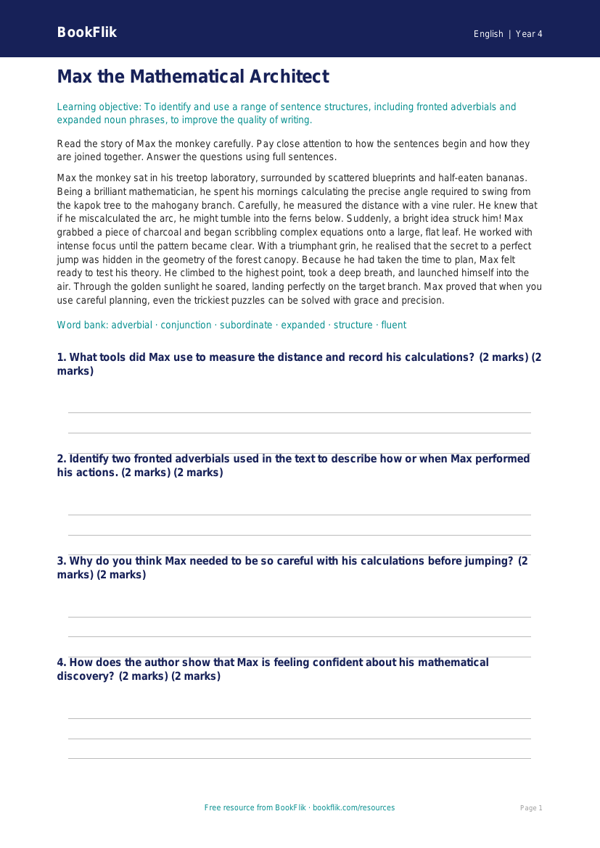 Free Sentence Structure Comprehension | Class 4 | English | BookFlik worksheet preview — English Sentence Structure