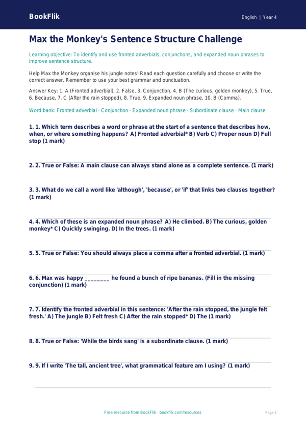 English sentence structure quiz class 4 greater depth worksheet preview — English Sentence Structure