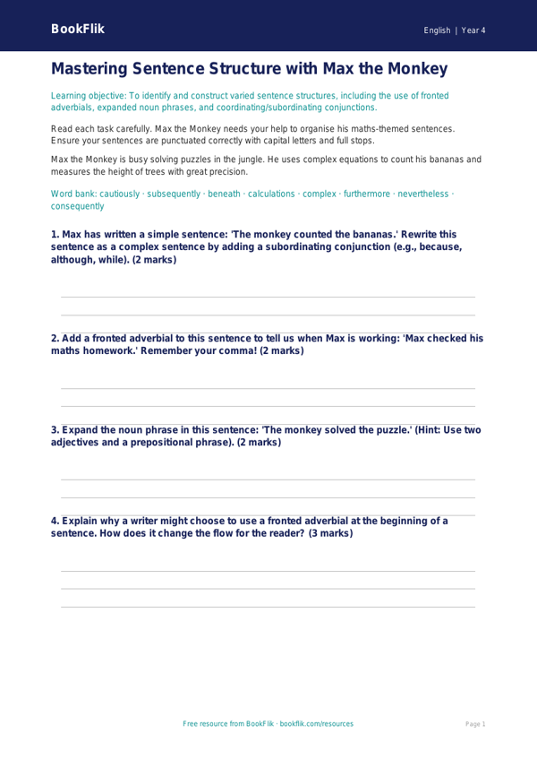 Free Sentence Structure Worksheet | Class 4 | English | BookFlik worksheet preview — English Sentence Structure