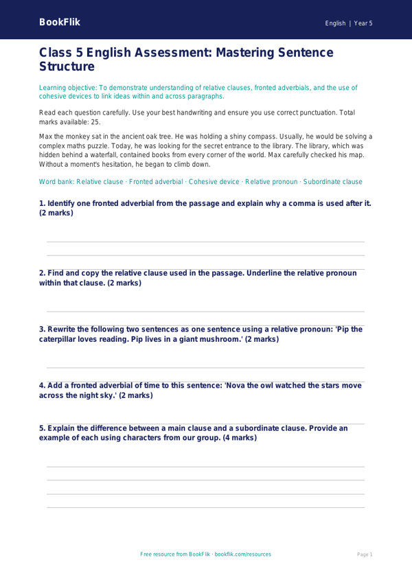 Free Sentence Structure Assessment | Class 5 | English | BookFlik worksheet preview — English Sentence Structure