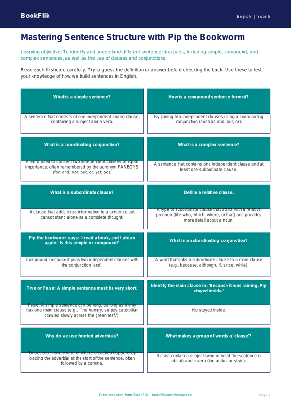 Free Sentence Structure Flashcards | Class 5 | English | BookFlik worksheet preview — English Sentence Structure
