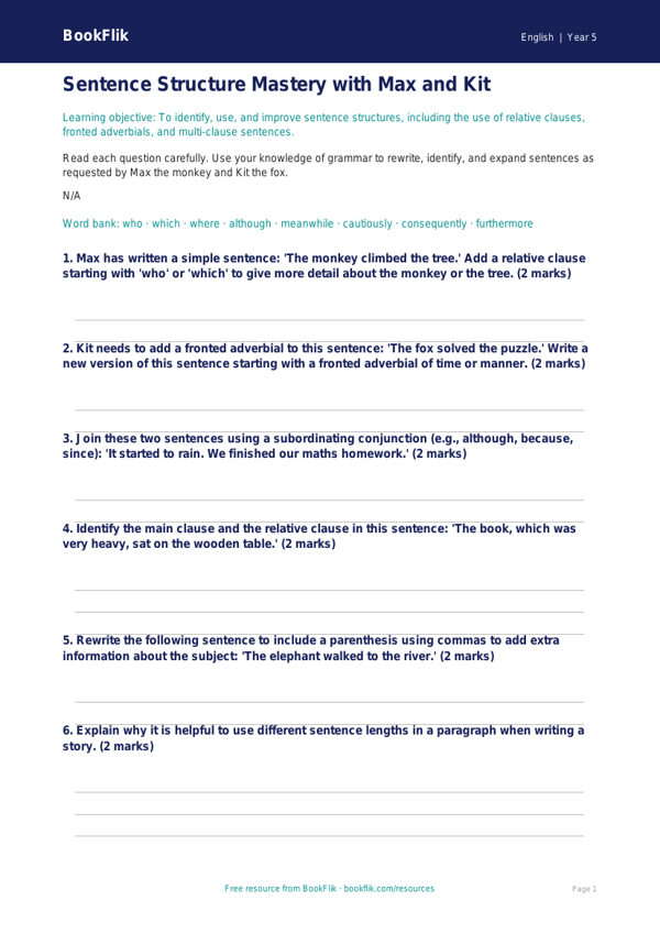 Free Sentence Structure Worksheet | Class 5 | English | BookFlik worksheet preview — English Sentence Structure