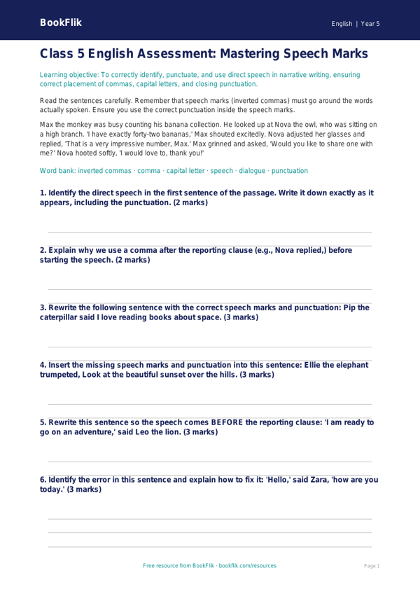 Free Speech Marks Assessment | Class 5 | English | BookFlik worksheet preview — English Speech Marks