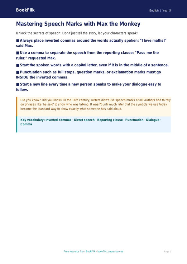 Free Speech Marks Poster | Class 5 | English | BookFlik worksheet preview — English Speech Marks