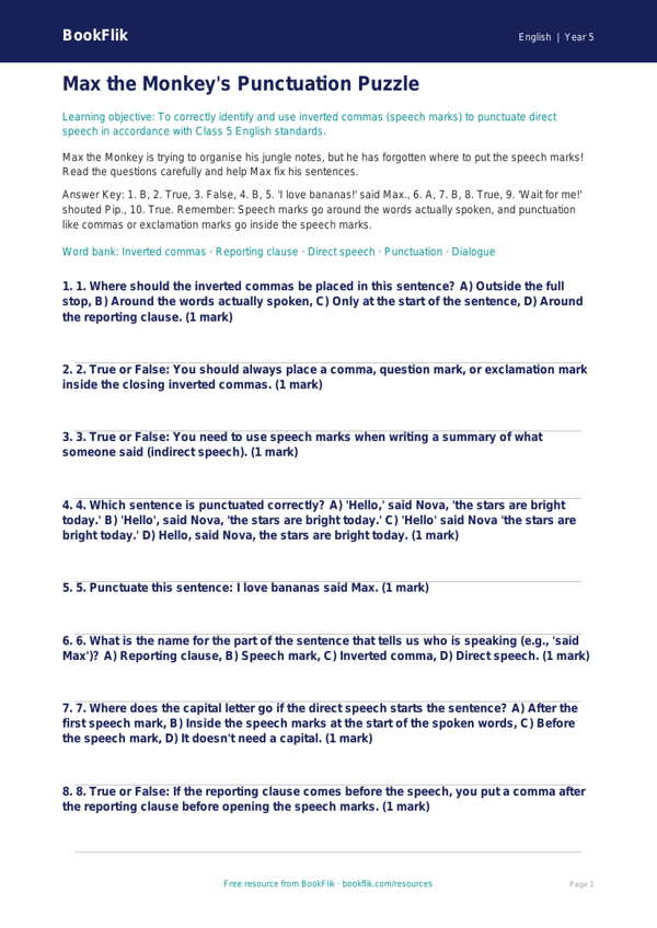 Free Speech Marks Quiz | Class 5 | English | BookFlik worksheet preview — English Speech Marks