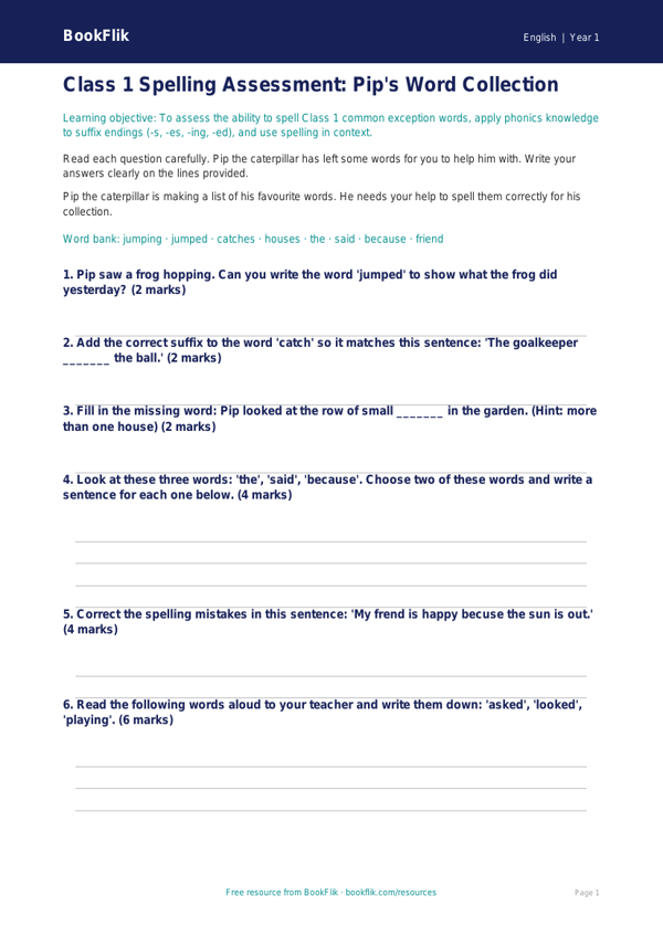 Free Spelling Assessment | Class 1 | English | BookFlik worksheet preview — English Spelling