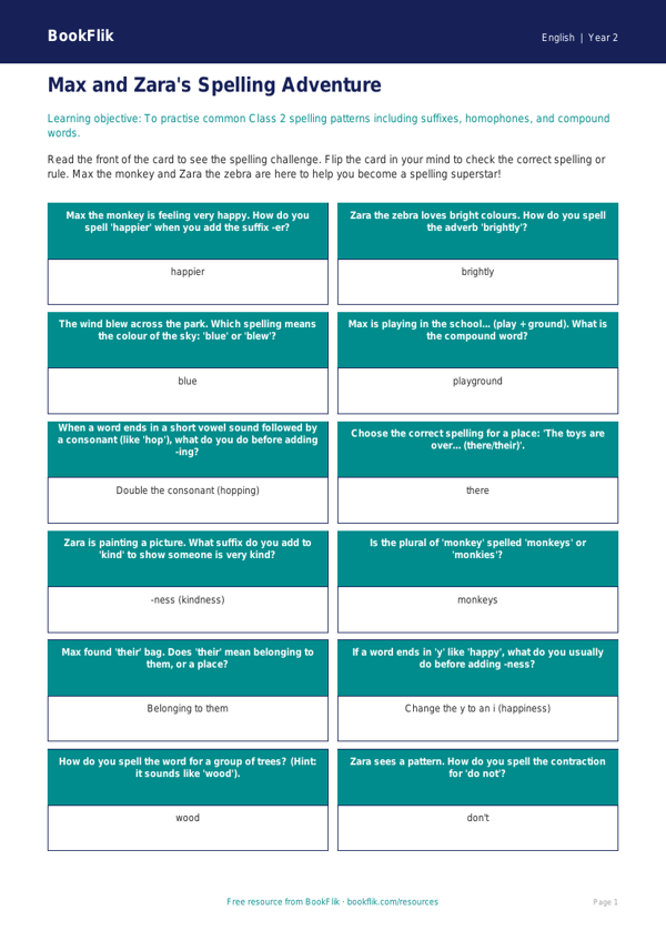 Free Spelling Flashcards | Class 2 | English | BookFlik worksheet preview — English Spelling