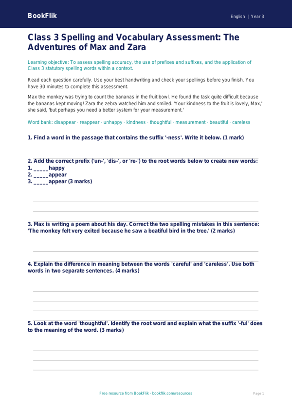Free Spelling Assessment | Class 3 | English | BookFlik worksheet preview — English Spelling
