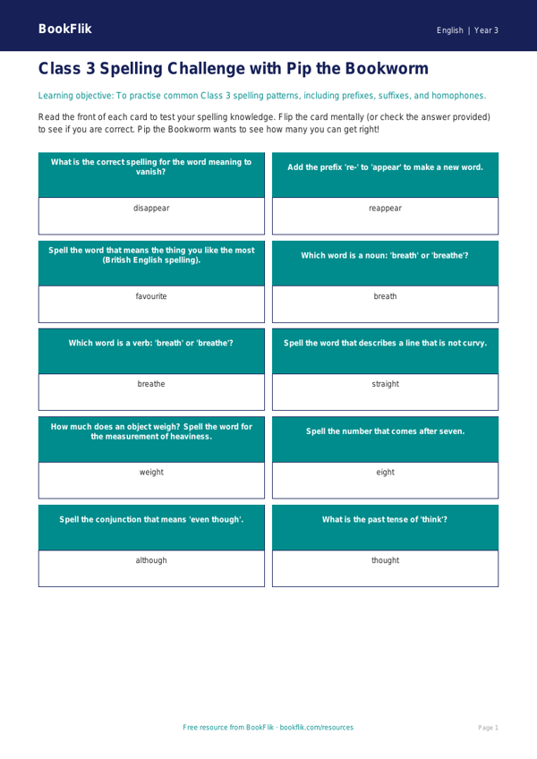 Spelling Flashcards Class 3 Free | English CBSE Resources | BookFlik worksheet preview — English Spelling