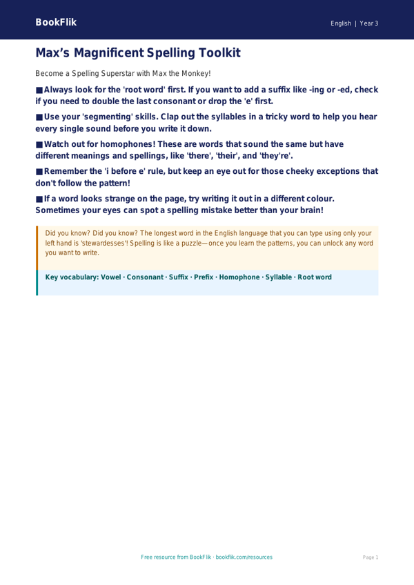 Free Spelling Poster | Class 3 | English | BookFlik worksheet preview — English Spelling