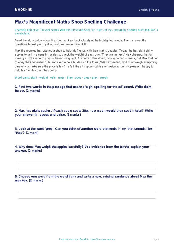 Free Spelling Track Sheet | Class 3 | English | BookFlik worksheet preview — English Spelling