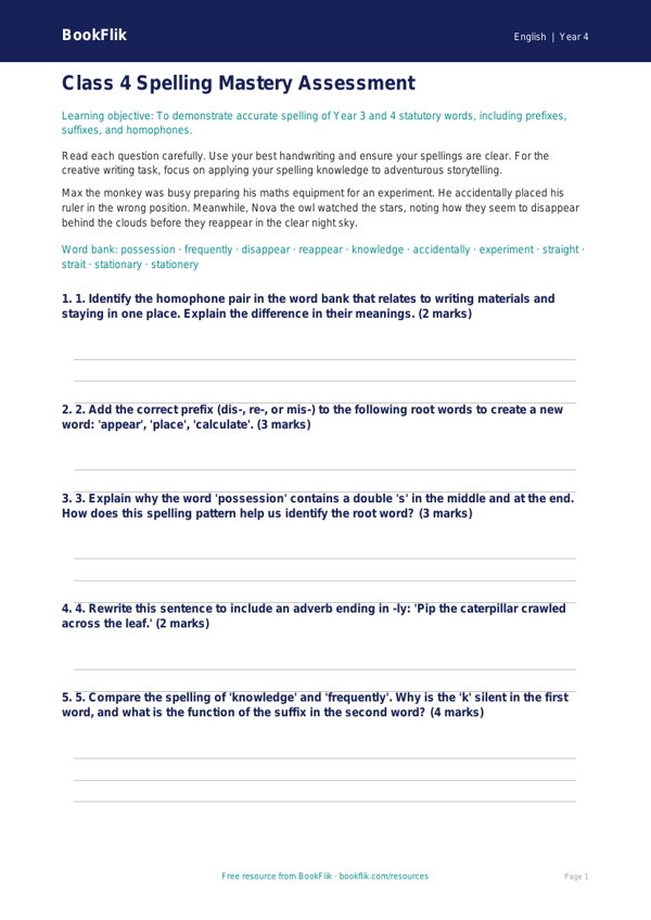 Free Spelling Assessment | Class 4 | English | BookFlik worksheet preview — English Spelling