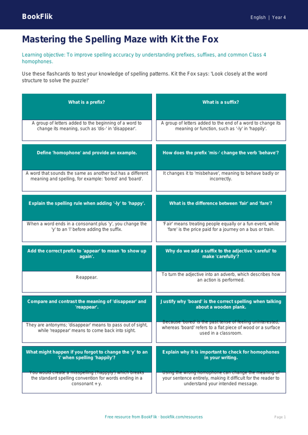 Spelling Flashcards Class 4 Free | CBSE English Resource | BookFlik worksheet preview — English Spelling