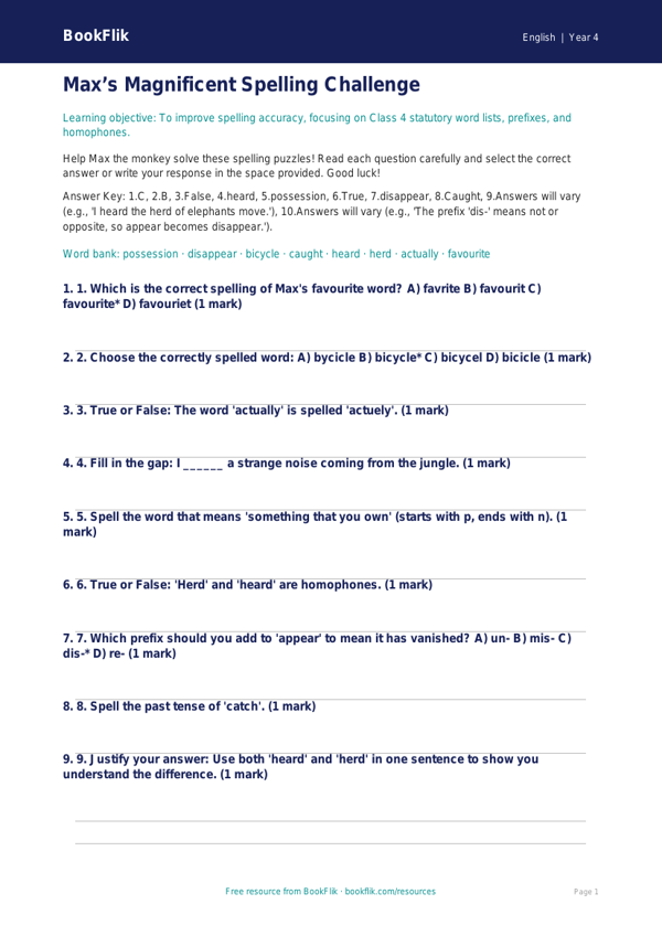 Free Spelling Quiz | Class 4 | English | BookFlik worksheet preview — English Spelling