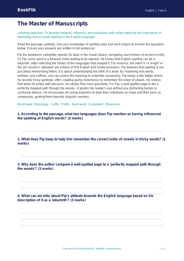 Free Spelling Comprehension | Class 5 | English | BookFlik worksheet preview — English Spelling