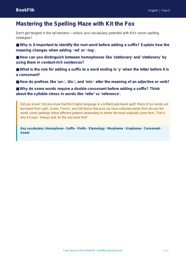 Free Spelling Poster | Class 5 | English | BookFlik worksheet preview — English Spelling