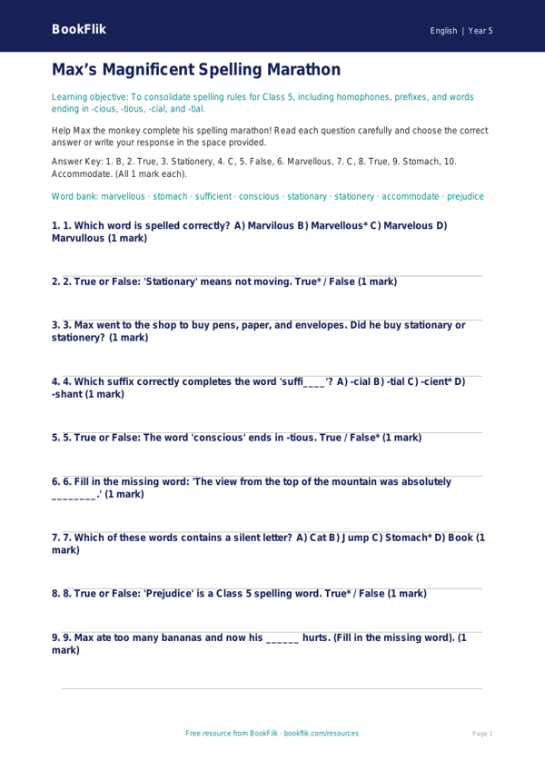 Free Spelling Quiz | Class 5 | English | BookFlik worksheet preview — English Spelling