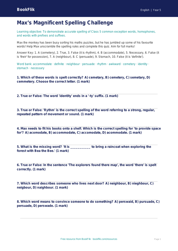 Class 5 English Spelling Quiz: Advanced Vocabulary Challenge | BookFlik worksheet preview — English Spelling
