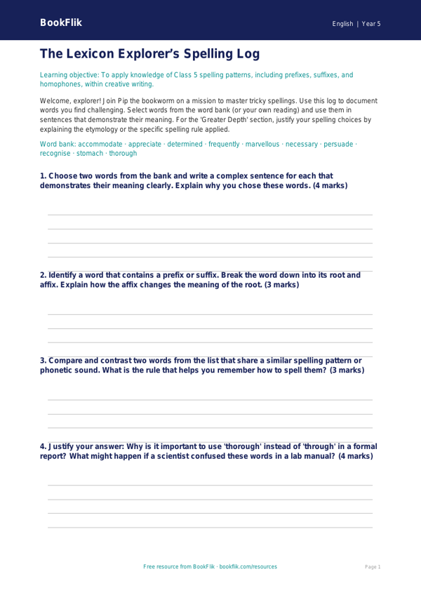 Class 5 English Spelling Practice | Advanced Word Lists & Templates worksheet preview — English Spelling