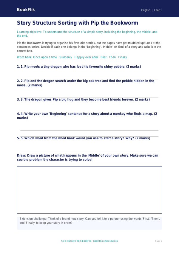 Free Stories Activity Sheet | Class 1 | English | BookFlik worksheet preview — English Stories