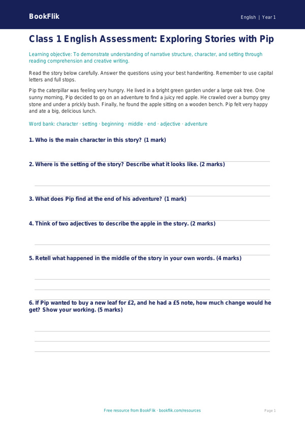 Free Stories Assessment | Class 1 | English | BookFlik worksheet preview — English Stories