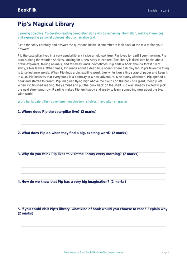 Free Stories Comprehension | Class 1 | English | BookFlik worksheet preview — English Stories