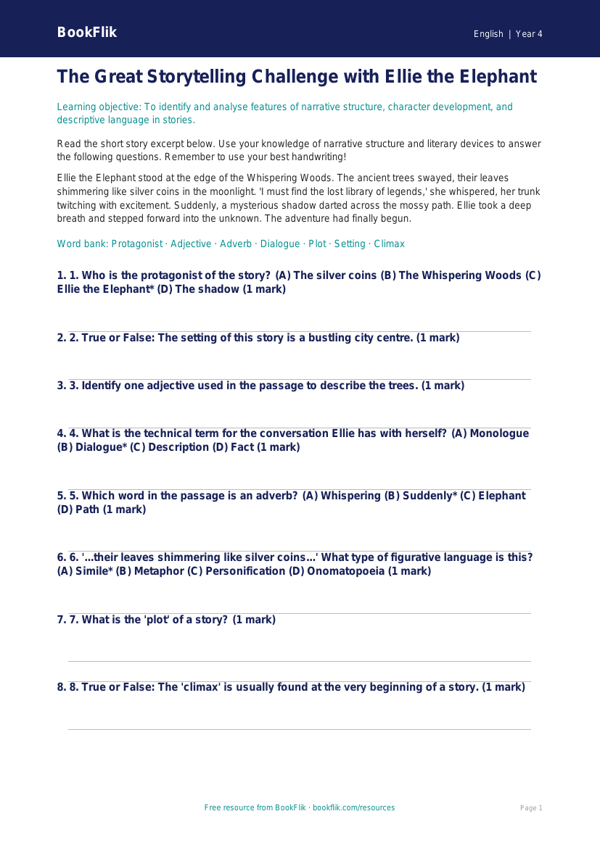Free Stories Quiz | Class 4 | English | BookFlik worksheet preview — English Stories