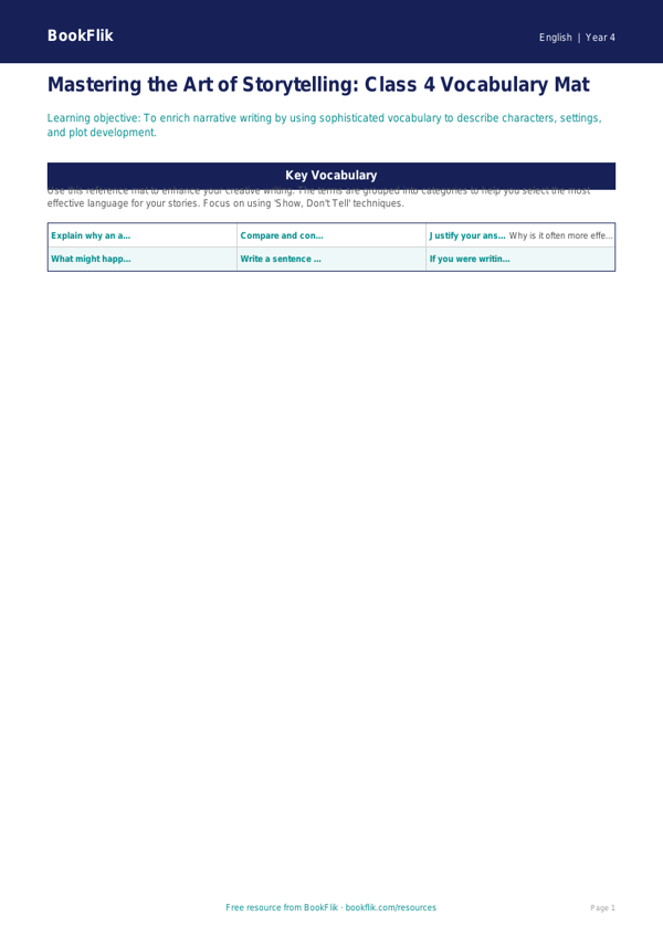 Free Stories Word Mat | Class 4 | English | BookFlik worksheet preview — English Stories
