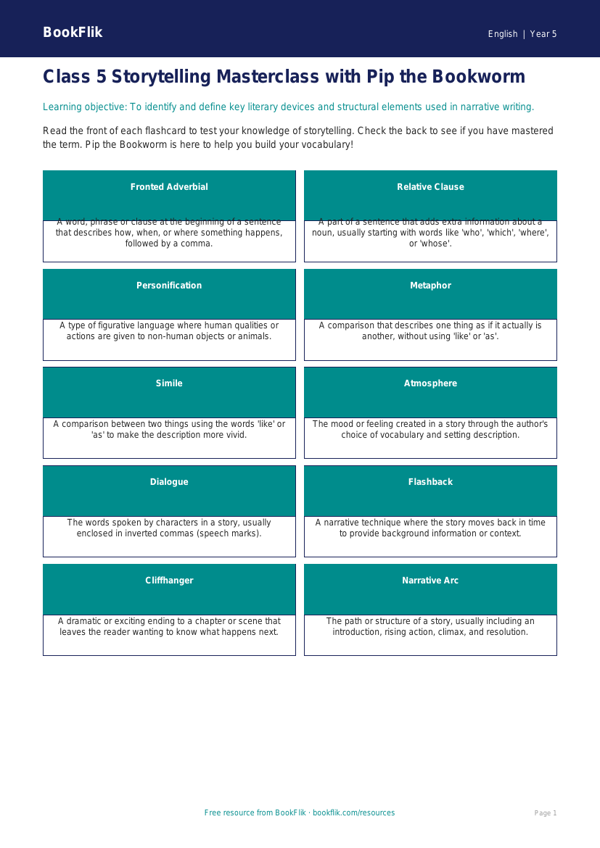 Free Stories Flashcards | Class 5 | English | BookFlik worksheet preview — English Stories