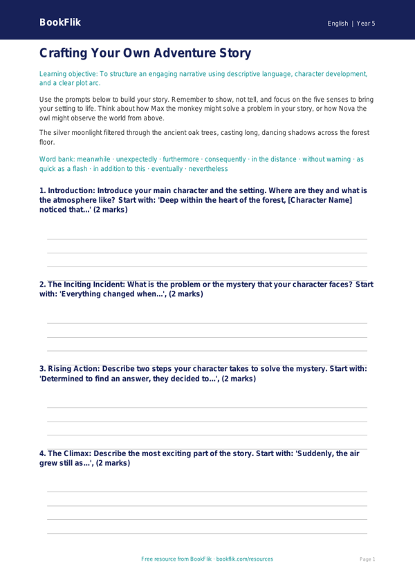 Free Stories Writing Frame | Class 5 | English | BookFlik worksheet preview — English Stories