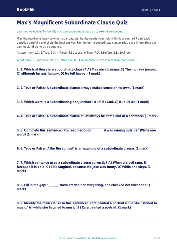 Free Subordinate Clauses Quiz | Class 4 | English | BookFlik worksheet preview — English Subordinate Clauses