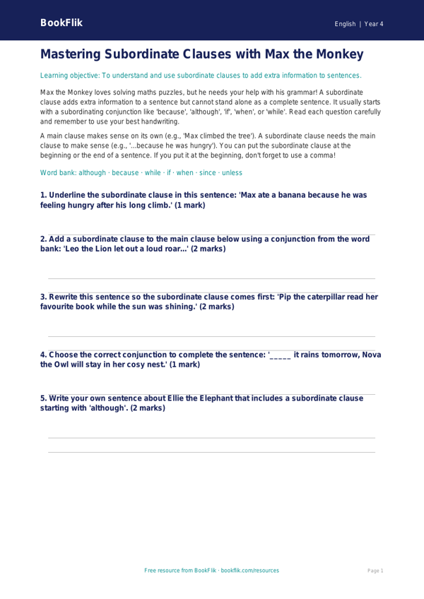 Free Subordinate Clauses Worksheet | Class 4 | English | BookFlik worksheet preview — English Subordinate Clauses