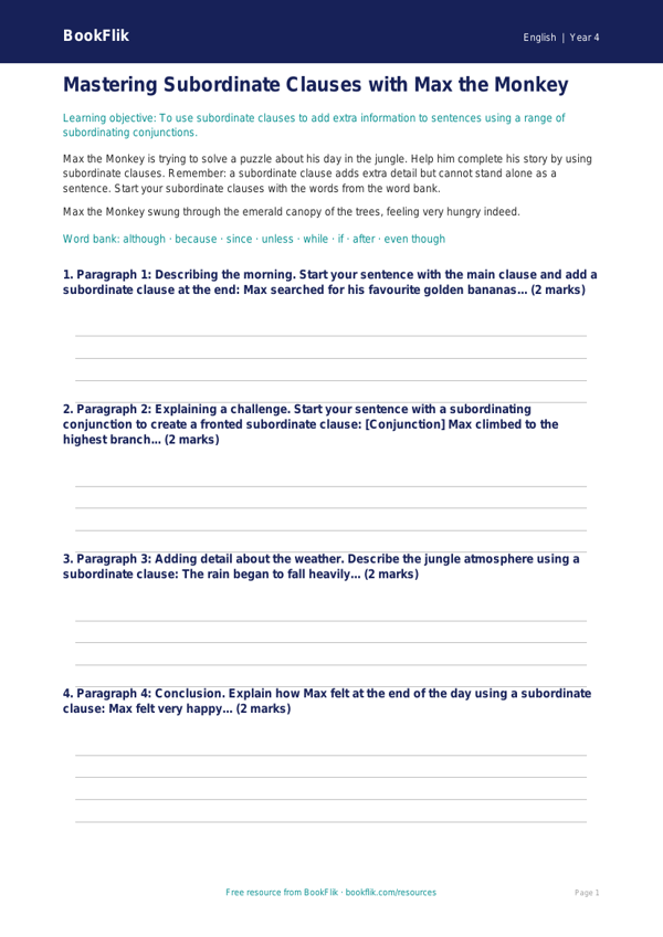 Free Subordinate Clauses Writing Frame | Class 4 | English | BookFlik worksheet preview — English Subordinate Clauses