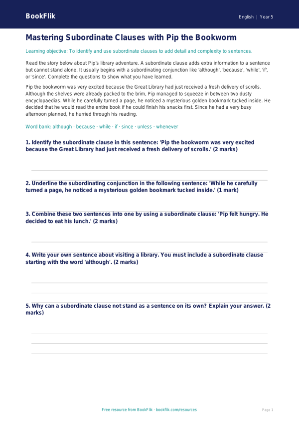 Free Subordinate Clauses Track Sheet | Class 5 | English | BookFlik worksheet preview — English Subordinate Clauses