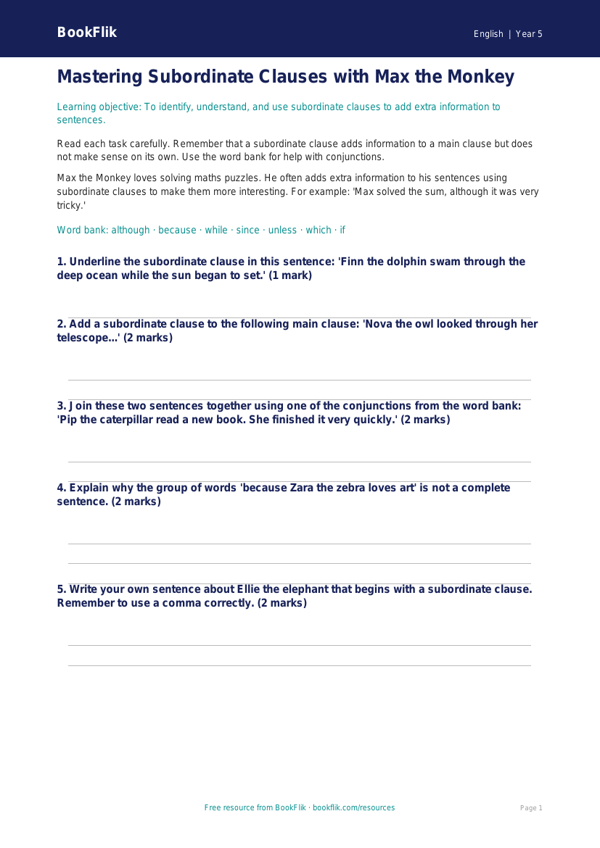 Free Subordinate Clauses Worksheet | Class 5 | English | BookFlik worksheet preview — English Subordinate Clauses