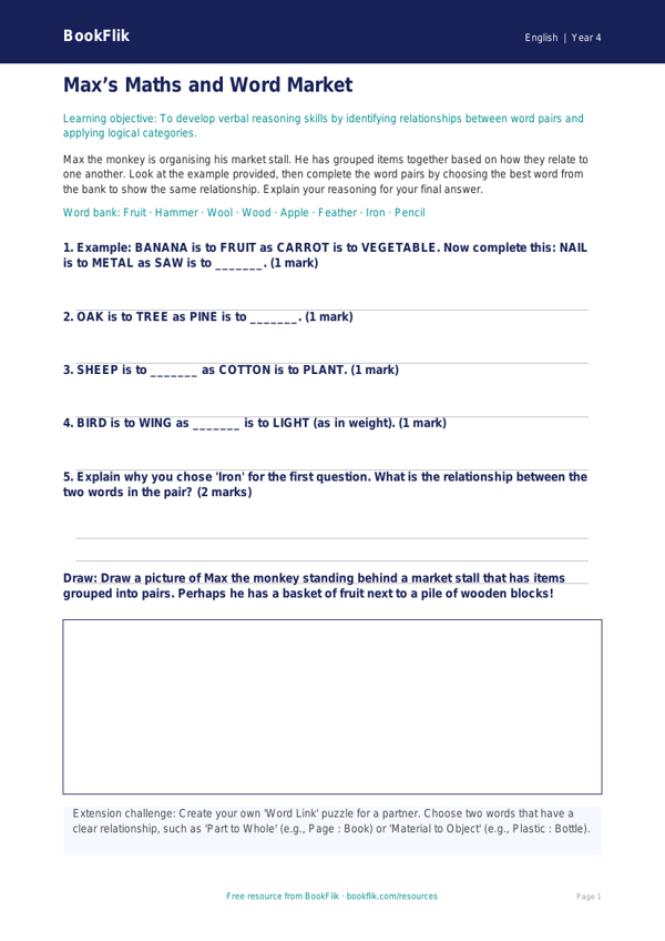 Free Verbal Reasoning Activity Sheet | Class 4 | English | BookFlik worksheet preview — English Verbal Reasoning