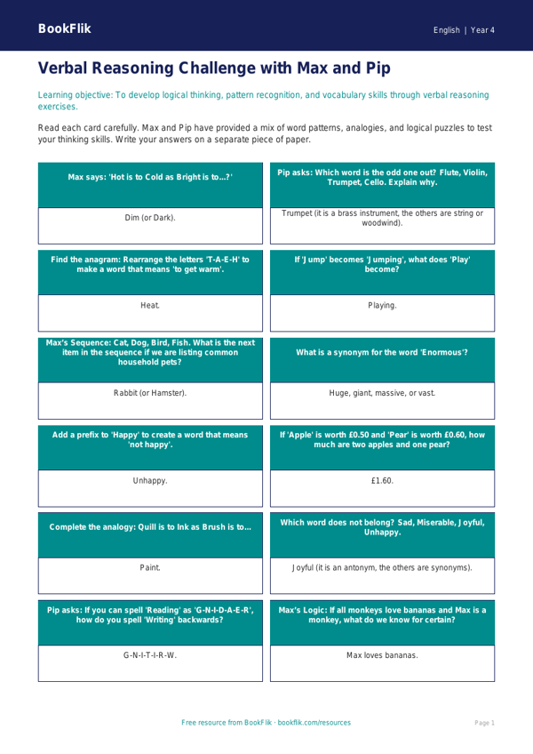 Verbal Reasoning Practice for Class 4 | CBSE English Resources | BookFlik worksheet preview — English Verbal Reasoning
